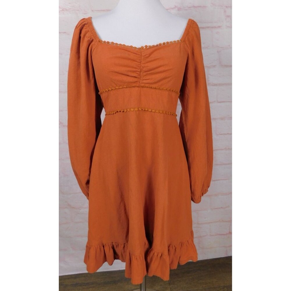 SHEIN Rust Orange Cottagecore Puff Sleeve Mini Dress Size M